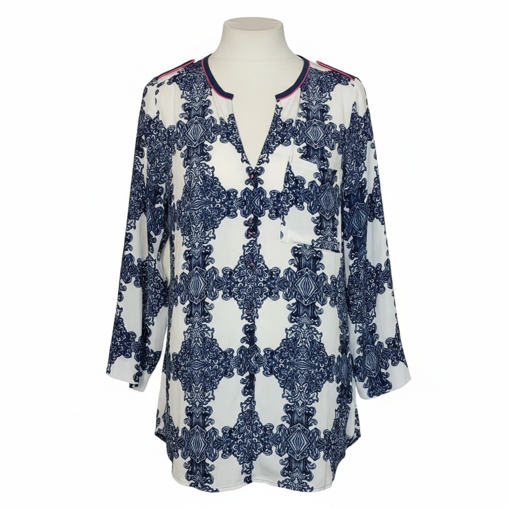 Soft Surroundings White and Blue Print Long Sleeve V Neck Tunic Top Women's Med